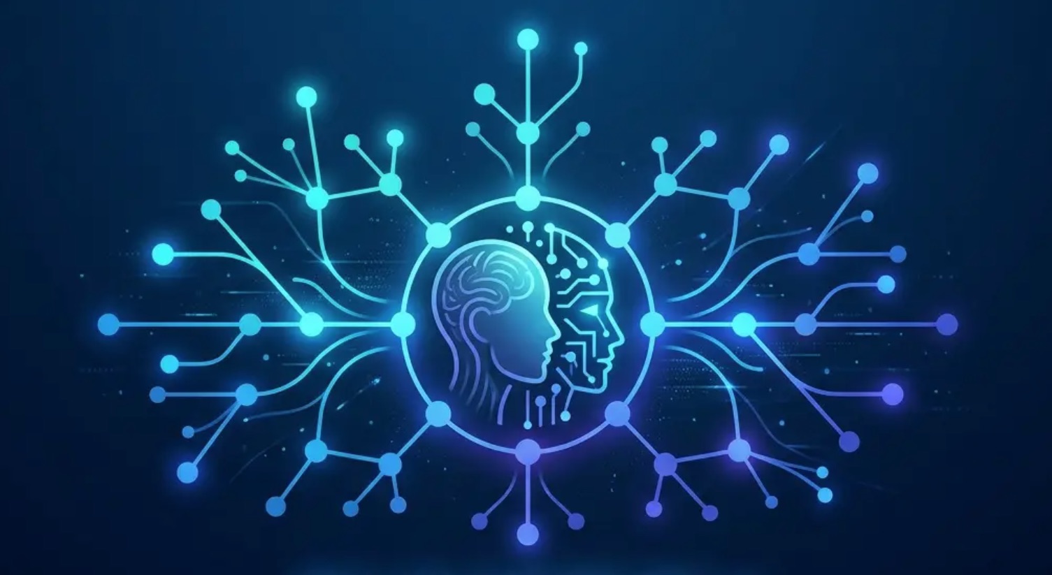 Государственный флаг Нейрополиса — светящаяся нейронная сеть на тёмно-синем фоне с центральным узлом соединения